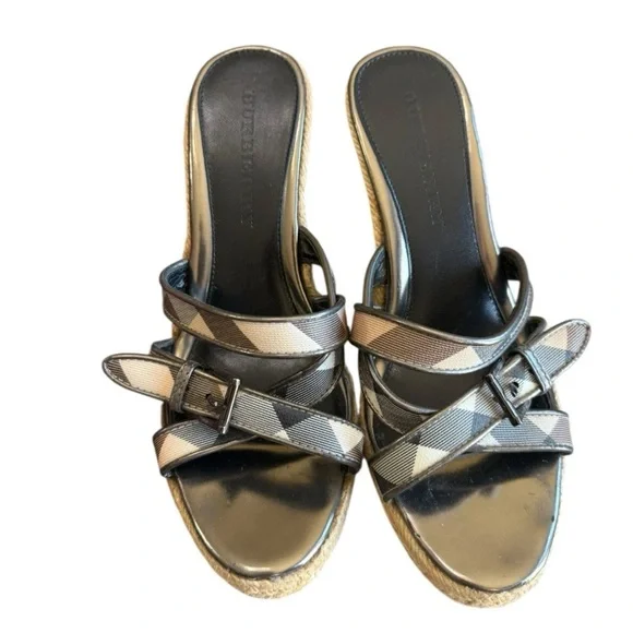 Burberry Nova Check Plaid Espadrille Wedge Sandal Heels Patent Leather 38/7.5-8 - Picture 3 of 12
